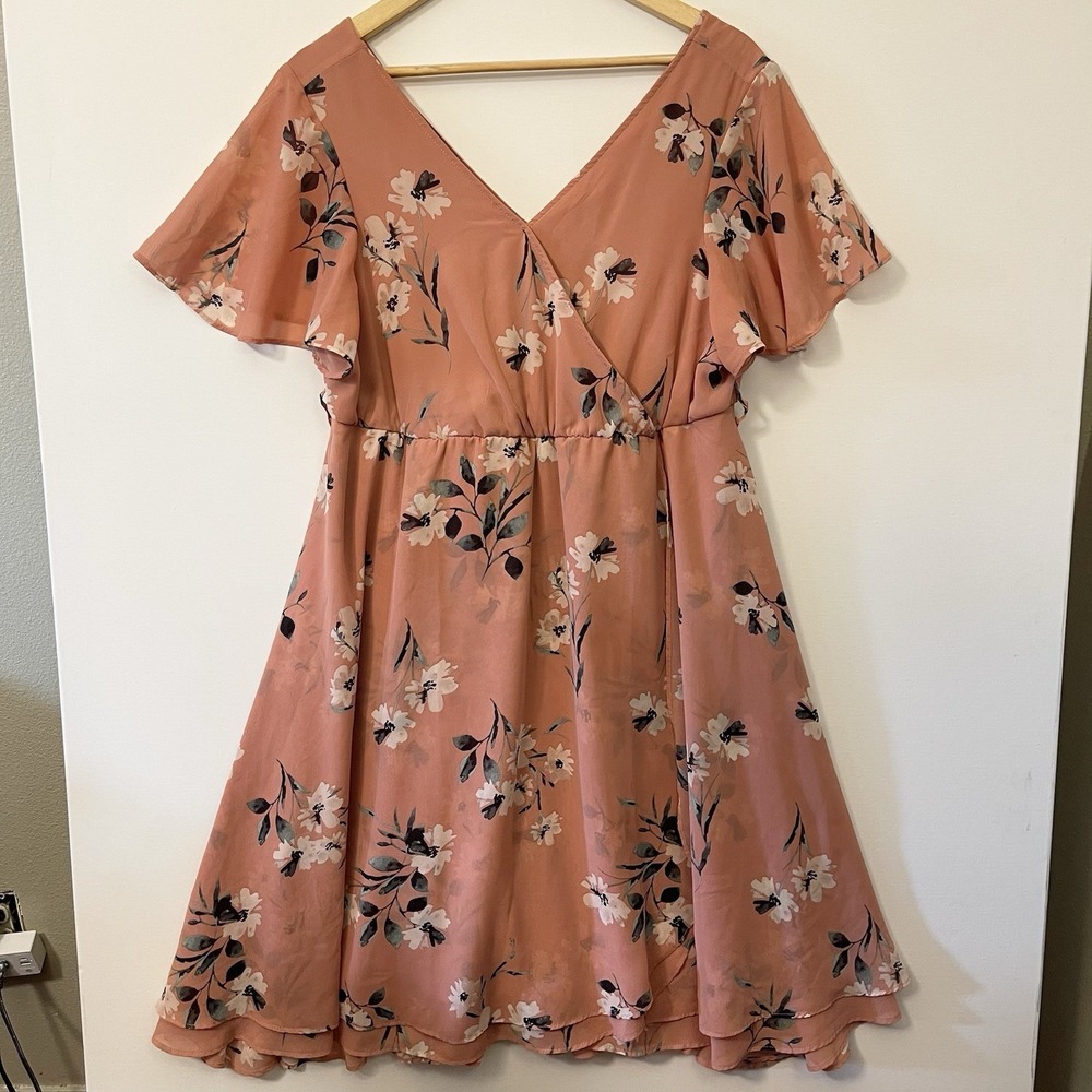 Torrid 0 Floral Faux Wrap Dress Dusty Rose Romantic Cottagecore Flowy Fairy L/XL